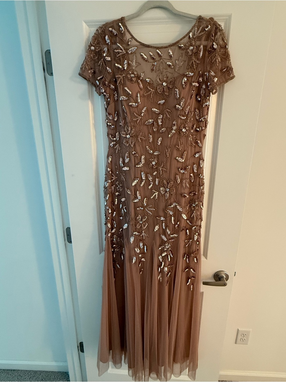 Adrianna Papell Taupe Beaded Tulle Maxi Dress